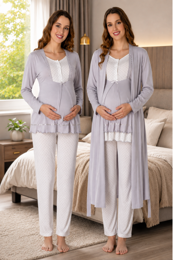Effortt 9054G Puan Detaylı Gri Sabahlıklı Lohusa Pijama Takımı Effortt 9054G Puan Detaylı Gri Sabahlıklı Lohusa Pijama Takımı